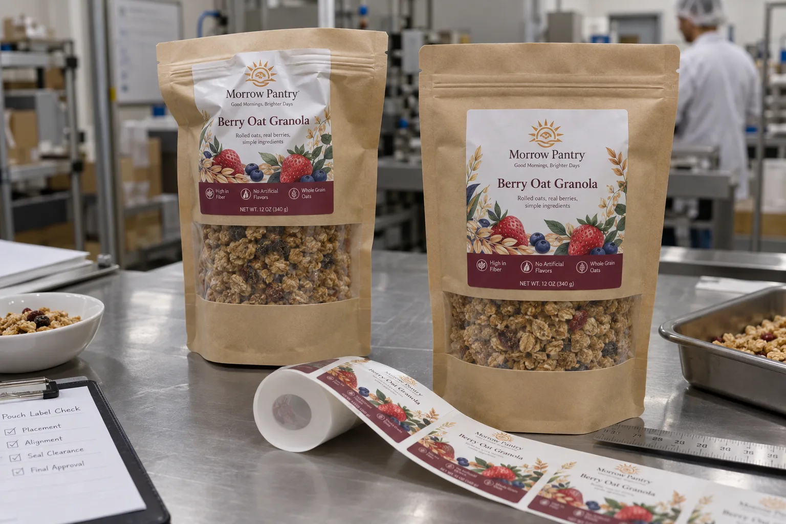 Morrow Pantry berry oat granola labels compared near the zipper and on the flat front panel of filled stand-up pouches