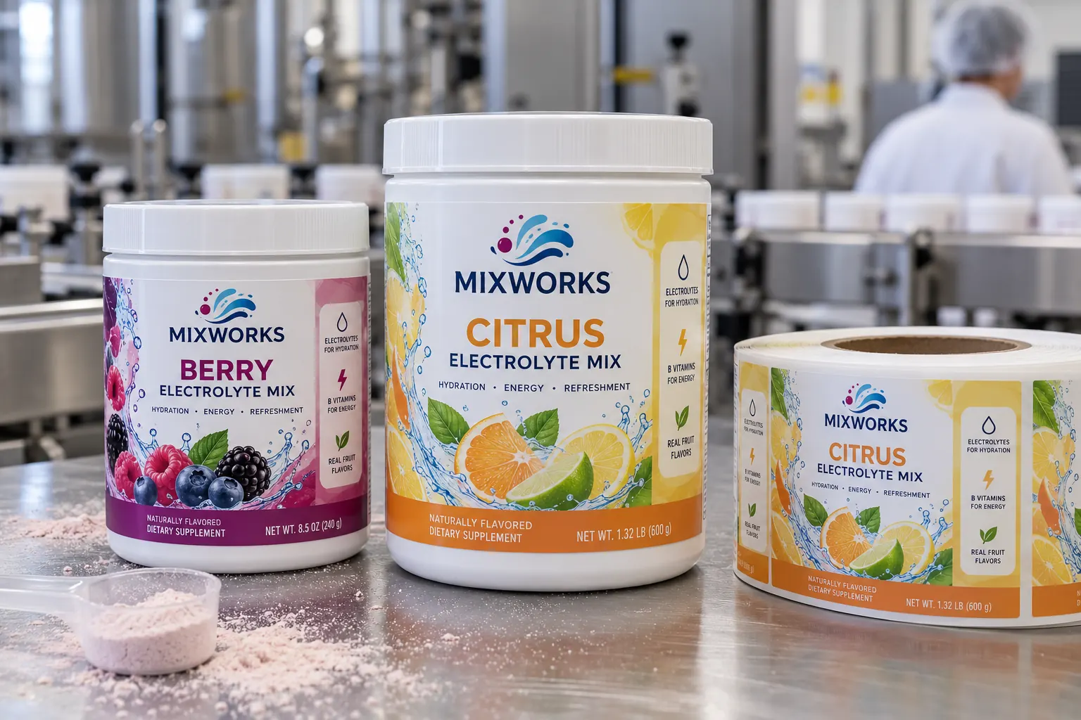 Fictional Mixworks berry and citrus powdered drink tubs with fully illustrated labels and a matching printed label roll on a factory bench