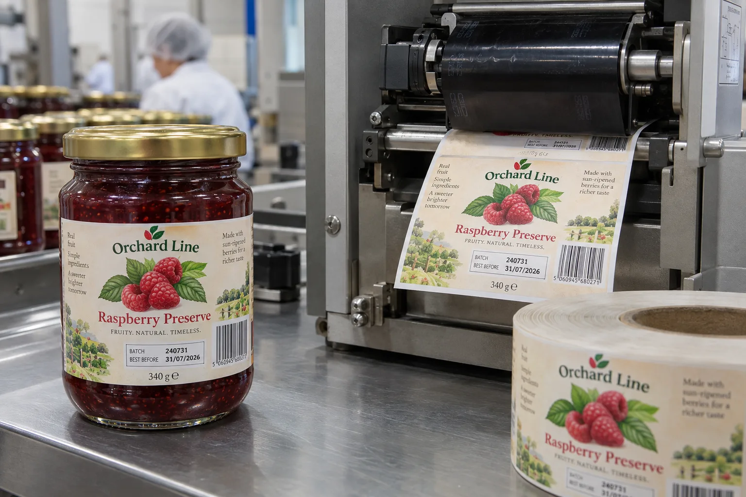 Orchard Line raspberry preserve label roll receiving black batch and date overprint beside a fully designed jar