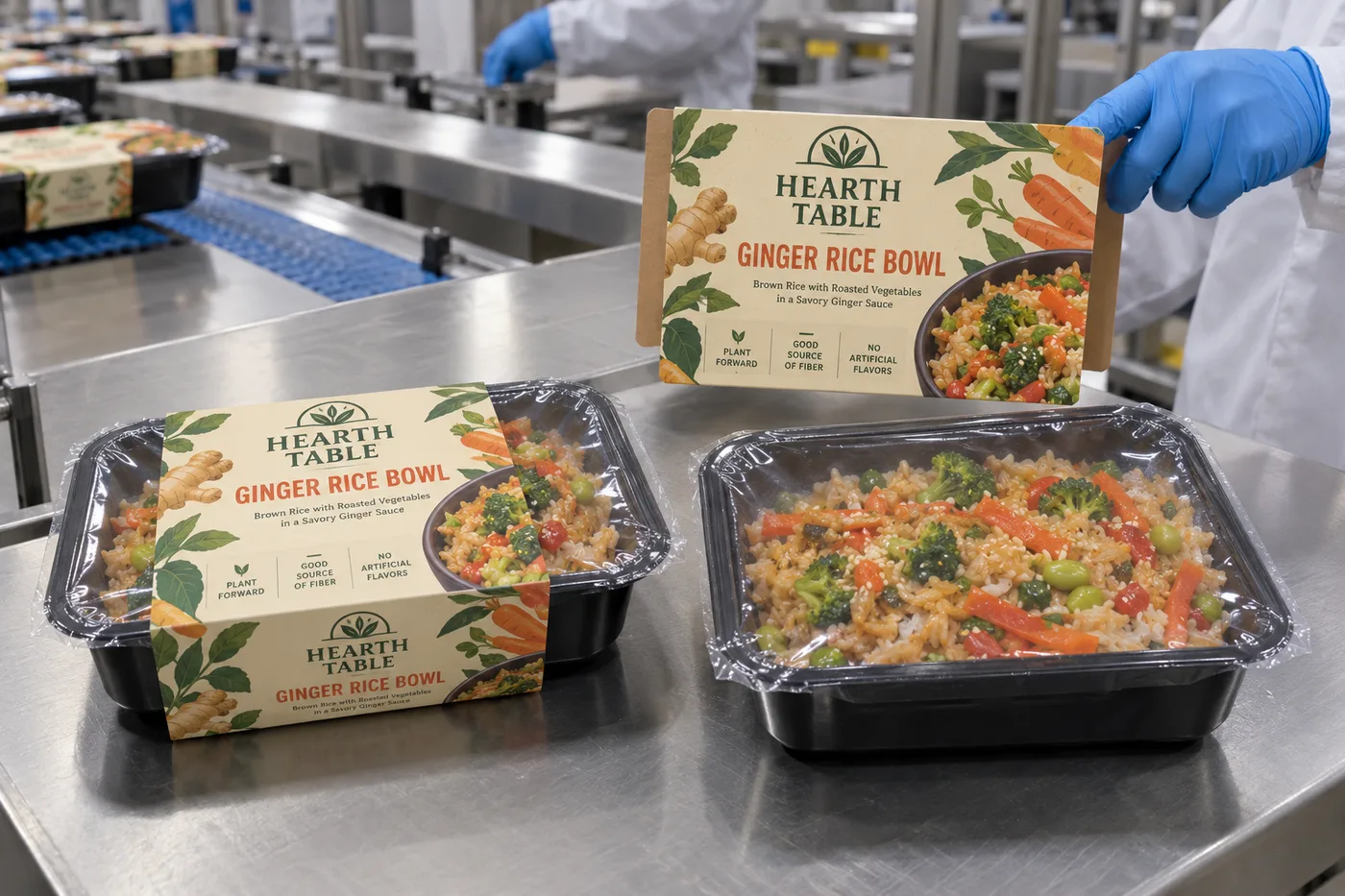 Fully illustrated Hearth Table ginger rice bowl labels on ready-meal sleeves beside a tray with its sleeve removed