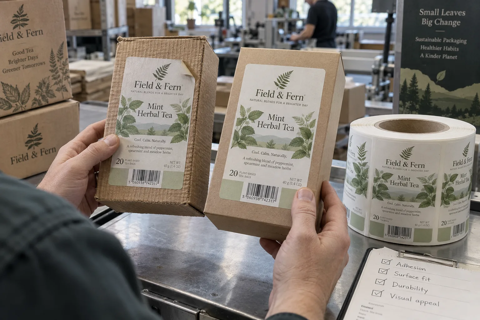 Field and Fern herbal tea labels compared on rough recycled-fiber and smoother paperboard cartons