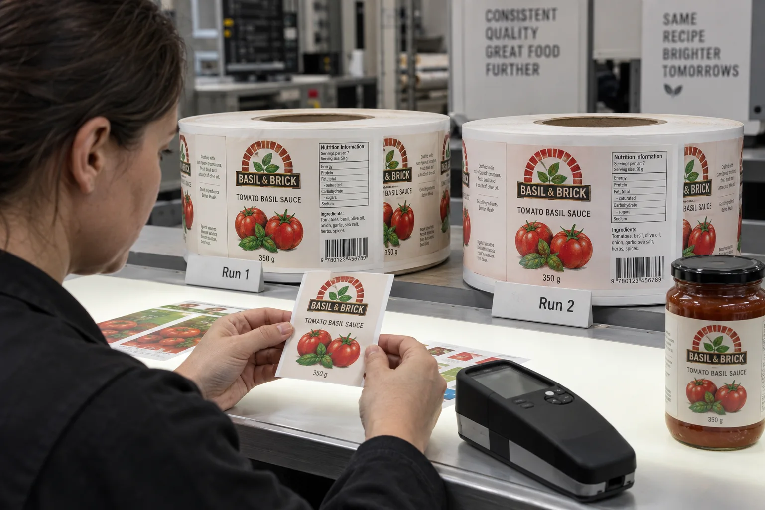 Print technician comparing two complete Basil and Brick tomato basil sauce label runs with a retained reference and color instrument