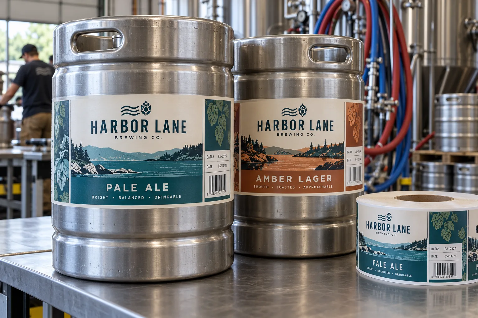 Original Harbor Lane pale ale and amber lager labels on returnable stainless beer kegs beside a matching printed label roll