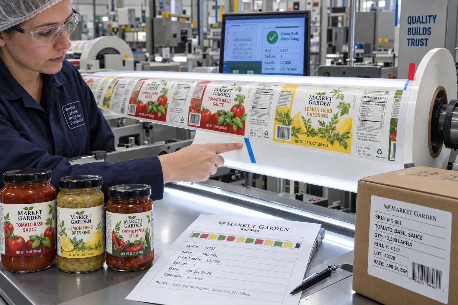 Factory inspector checking a blue-taped liner splice and red splice flag on complete Market Garden sauce label rolls