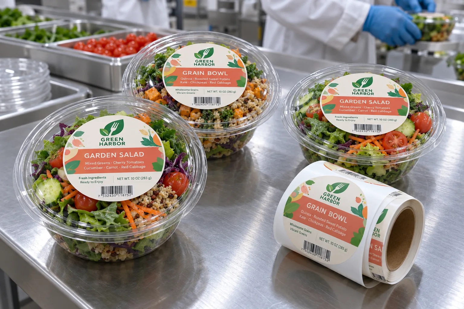 Original Green Harbor garden salad and grain bowl labels centered on clear ready-to-eat bowl lids with a printed label roll nearby