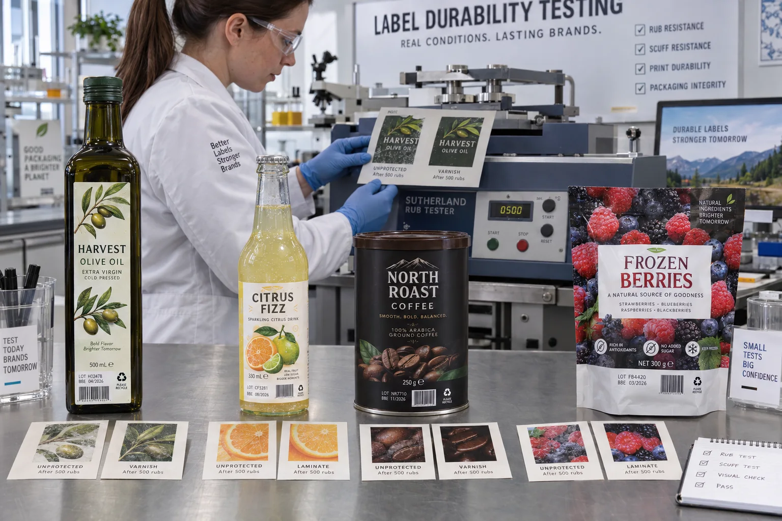 Label laboratory testing complete olive oil, citrus drink, coffee and frozen berry packaging with a rub tester, varnish and laminate samples