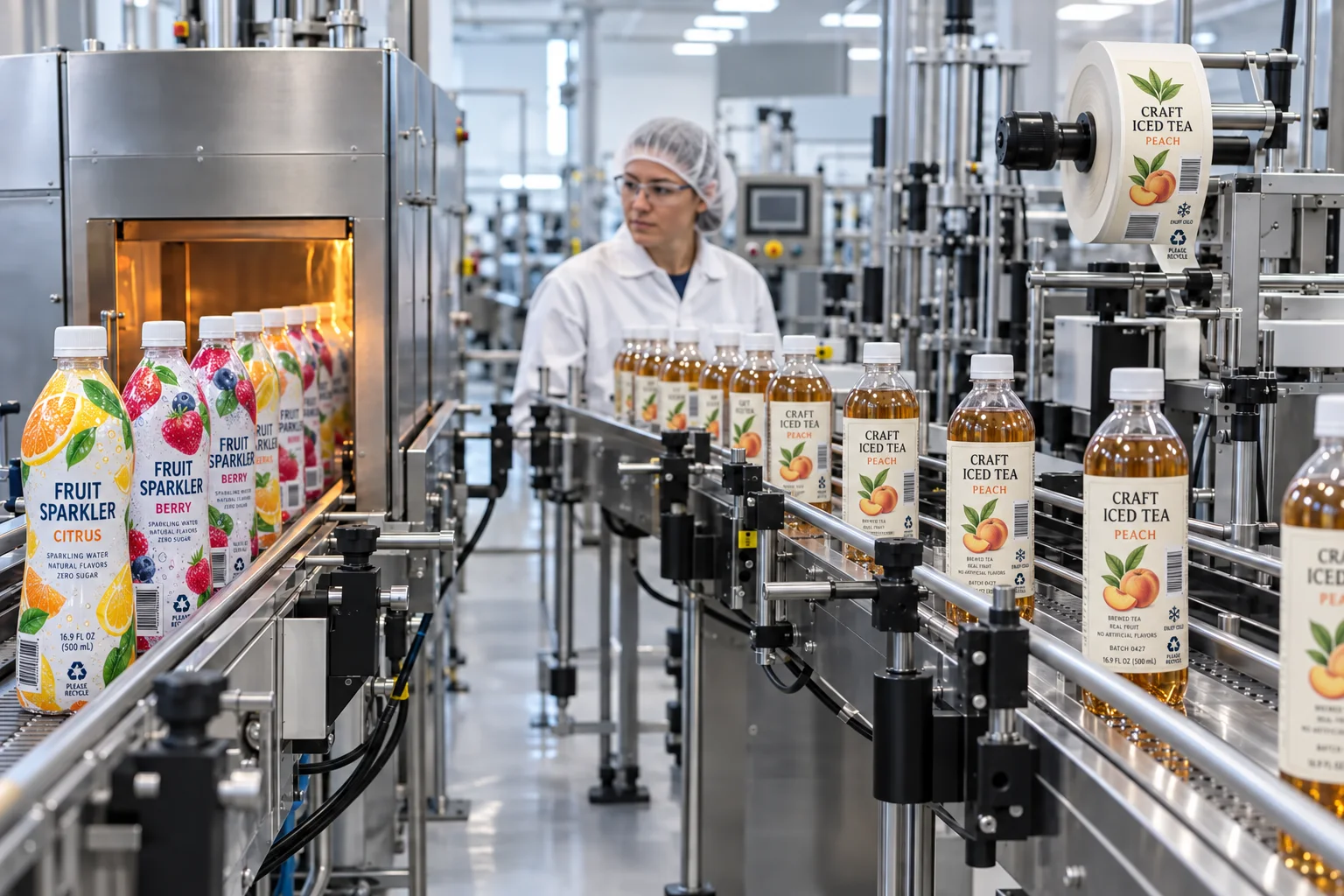 Factory line comparing illustrated fruit shrink sleeves with designed pressure-sensitive iced tea labels