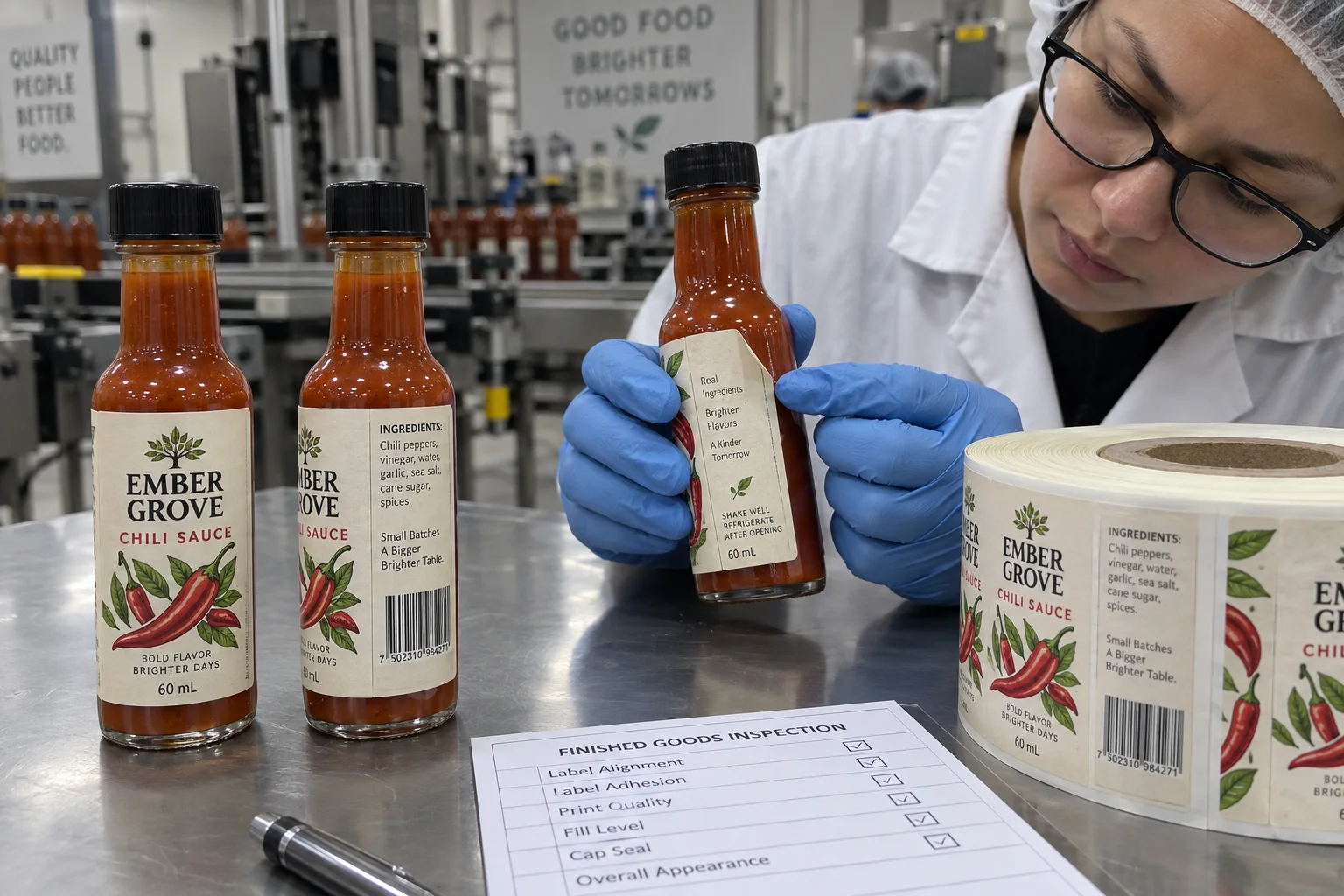 Factory inspector checking a lifted edge on a small Ember Grove chili sauce bottle beside fully printed label rolls and smooth comparison bottles