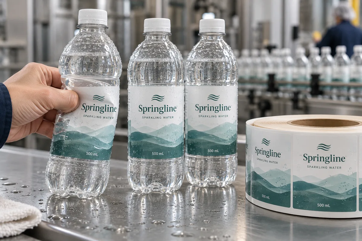 Fictional Springline sparkling water labels on clear flexible PET bottles beside a matching printed label roll