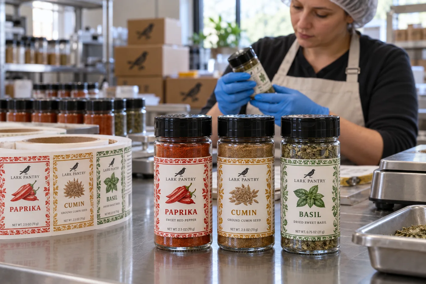 Coordinated full-color Lark Pantry paprika, cumin and basil labels on small transparent spice shaker jars and a printed roll