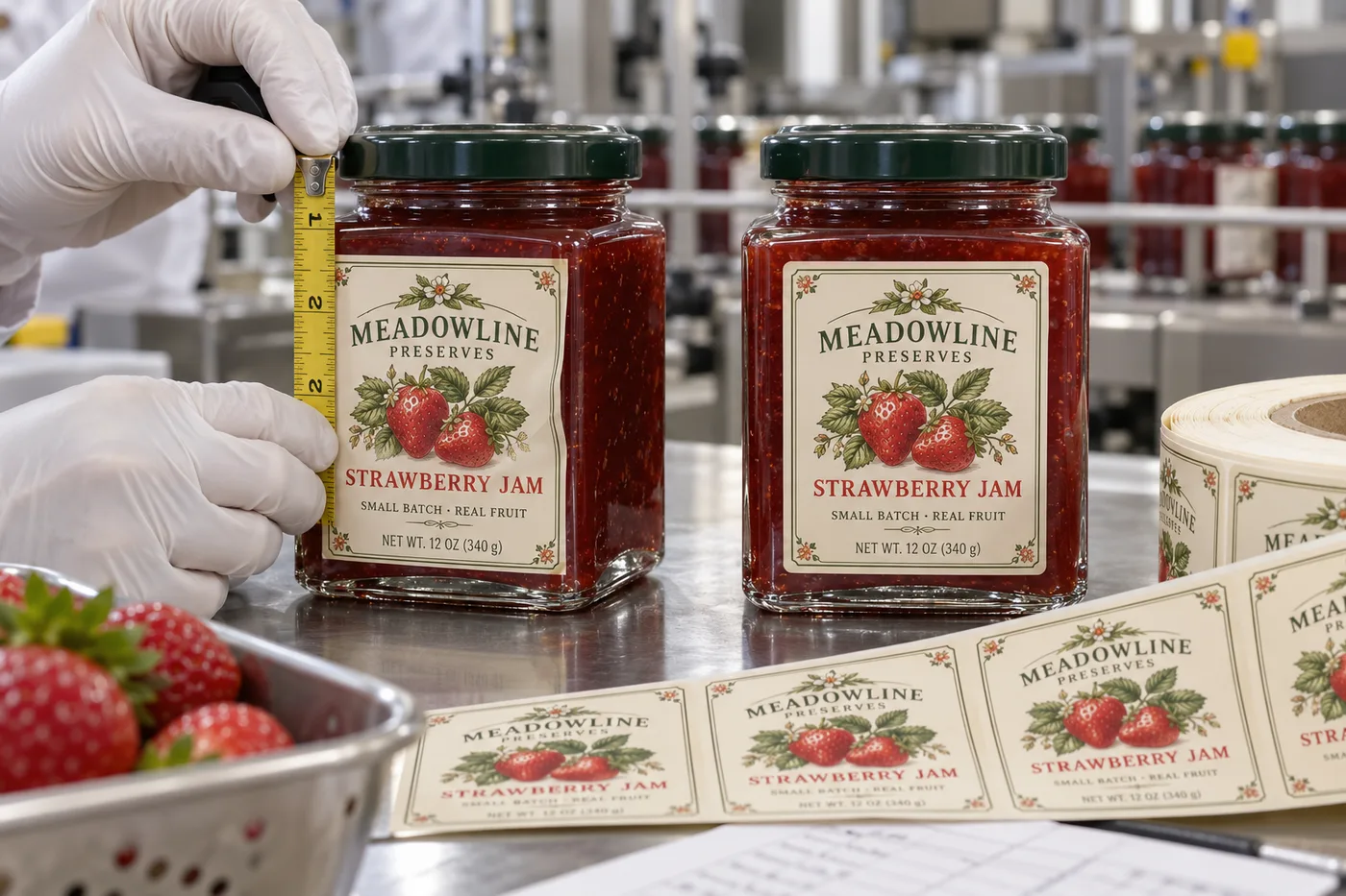 Meadowline strawberry jam labels on two square glass jars while a technician measures the flat front panel with a tape