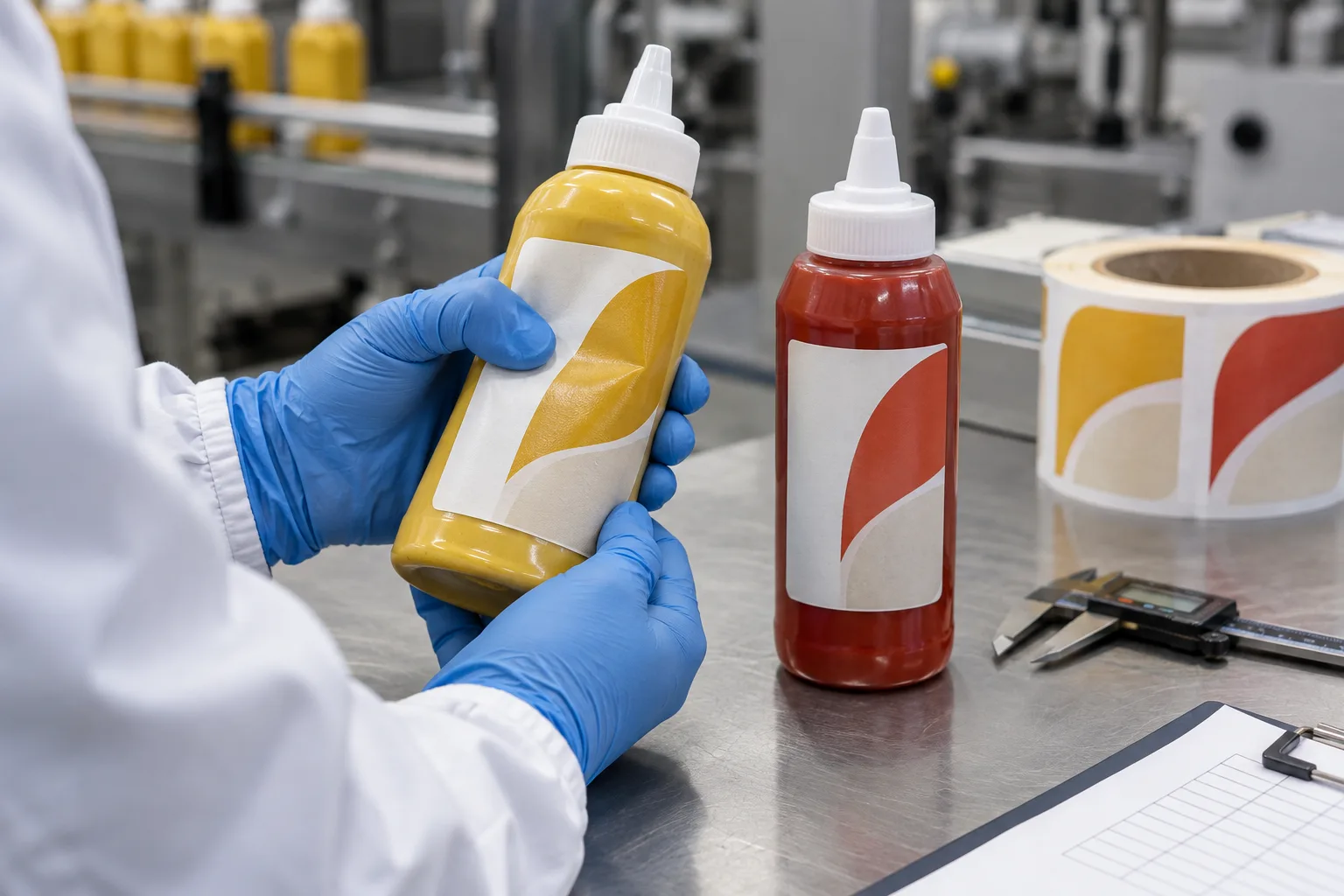 Quality inspection of labels on flexible sauce squeeze bottles in a factory