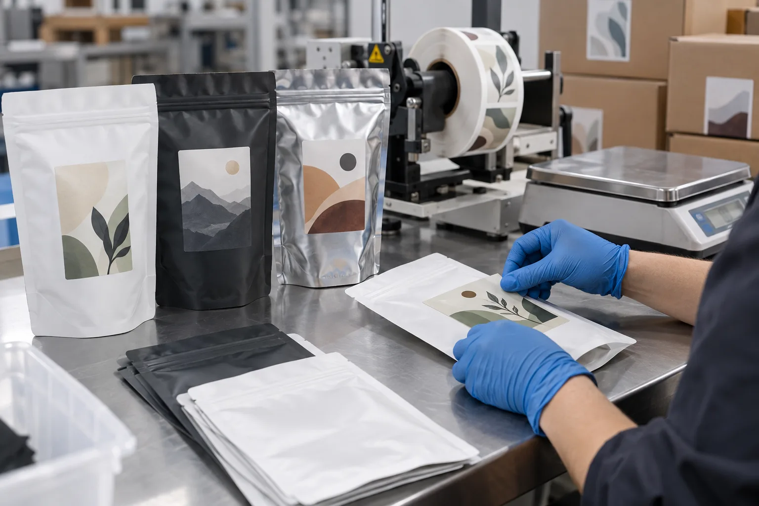 Factory operator applying roll labels to white, black and metallic stand-up pouches