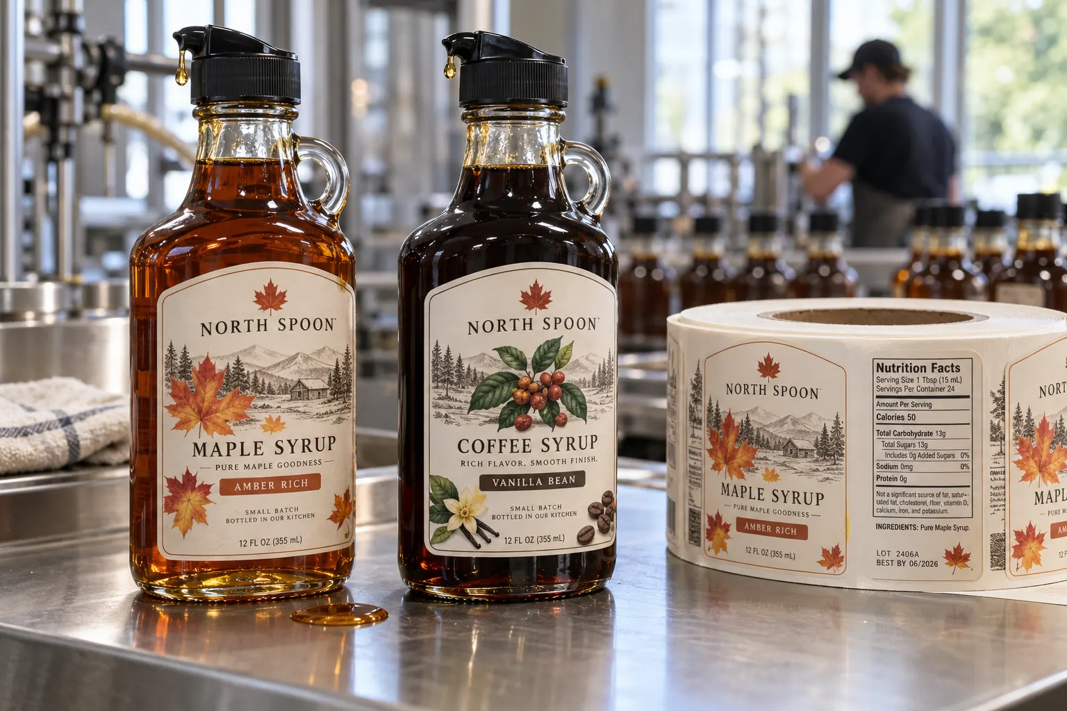 Fictional North Spoon maple and coffee syrup glass bottles with illustrated complete labels, pour caps and matching label roll