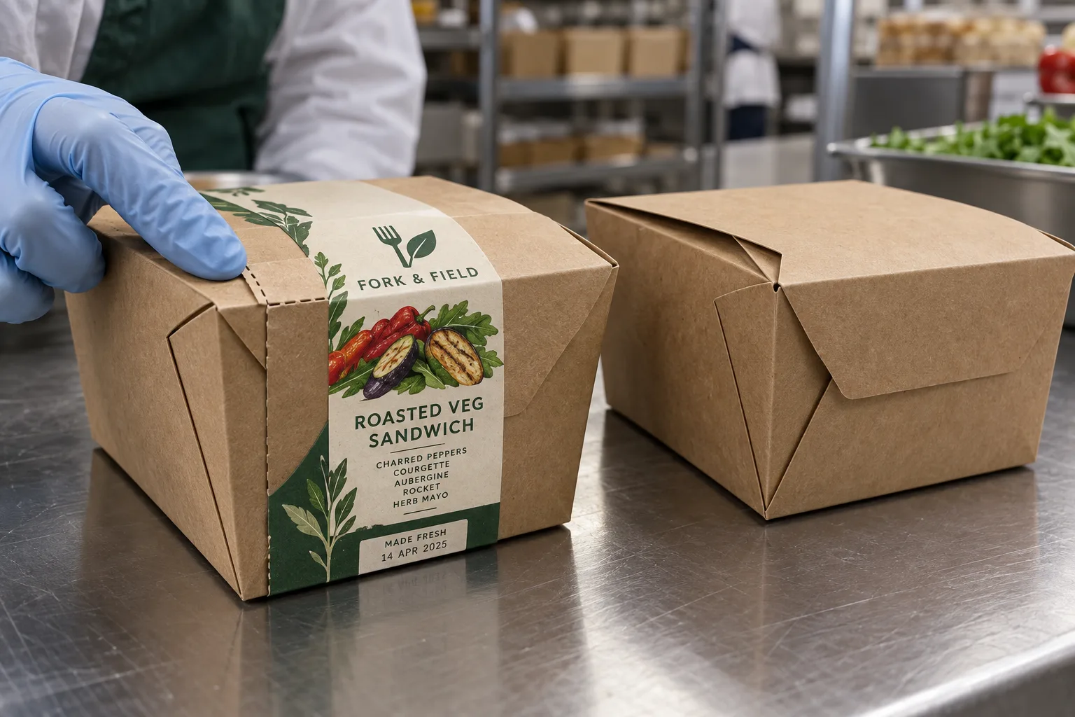 Fork and Field takeaway carton with a printed roasted-vegetable sandwich corner seal and an unsealed comparison box