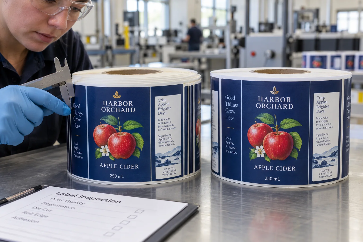 Illustrative factory photo of a telescoped roll with complete Harbor Orchard apple cider labels and a matching branded bottle
