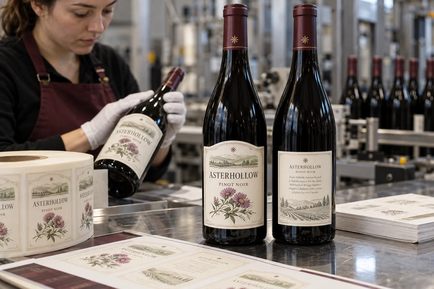 Fictional Asterhollow Pinot Noir front and back label designs on dark glass wine bottles at a print-proof table