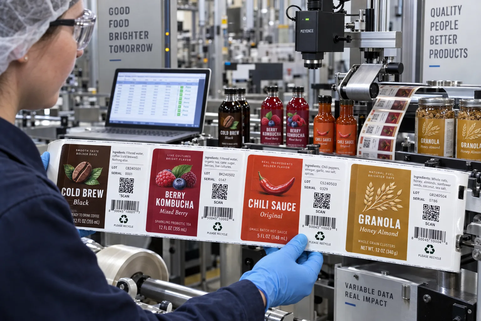 Factory inspection of complete cold brew, kombucha, chili sauce and granola labels with unique QR codes, serial numbers, lots and barcodes