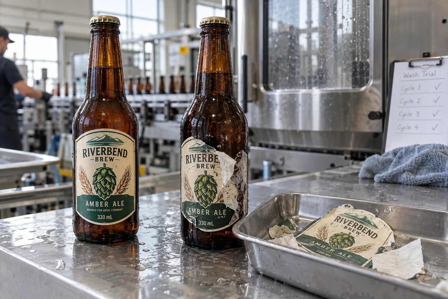 Illustrative brewery wash trial with Riverbend Brew amber ale artwork on a sound returnable bottle and partially removed labels on a second bottle