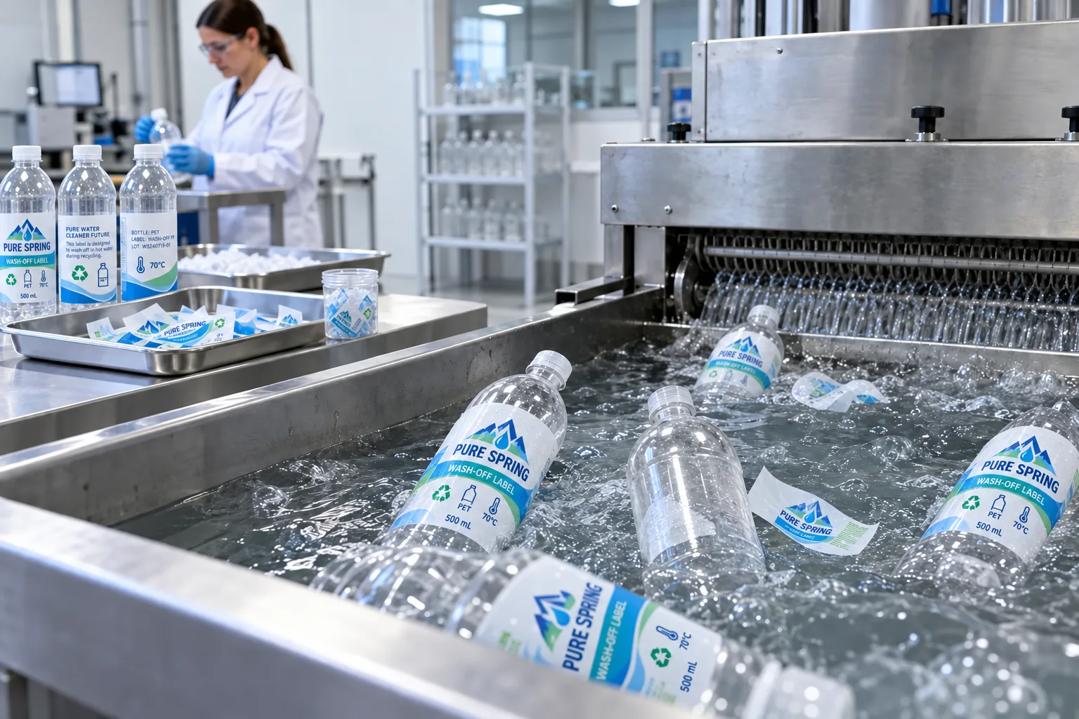 Packaging laboratory testing designed wash-off labels with recycling icons on clear PET bottles