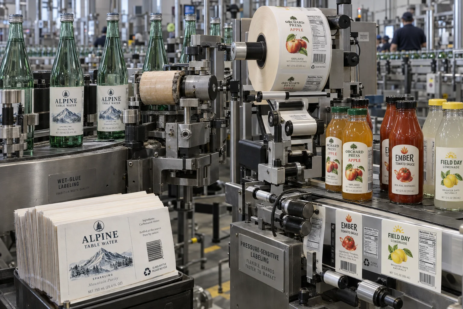 Bottle labeling line comparing fully printed cut-and-stack wet-glue labels with complete pressure-sensitive roll labels