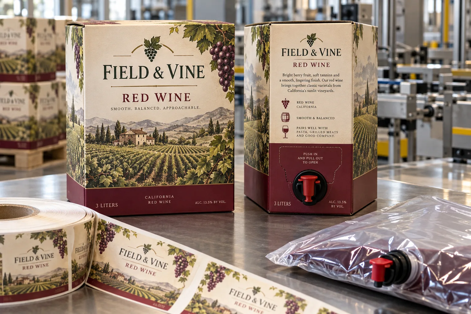 Fictional Field and Vine red wine bag-in-box cartons with grape artwork, a visible tap opening, an inner bag and matching printed label roll