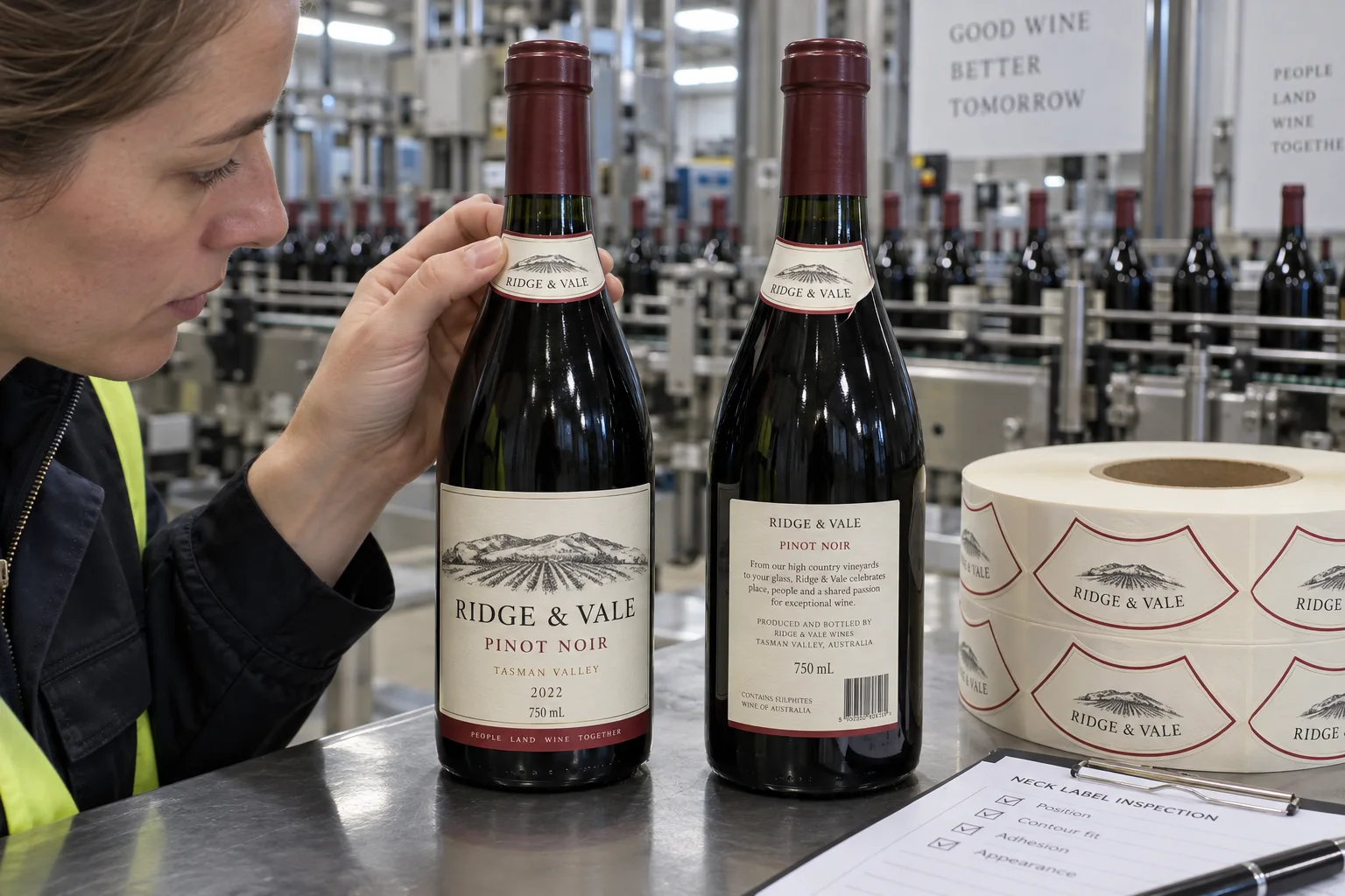 Inspector comparing complete Ridge and Vale Pinot Noir wine bottles and curved printed neck labels on a bottling worktable