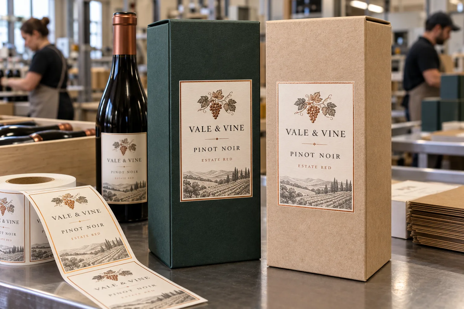Original Vale and Vine printed wine gift box labels on matte green and natural textured paperboard boxes in a winery packing room