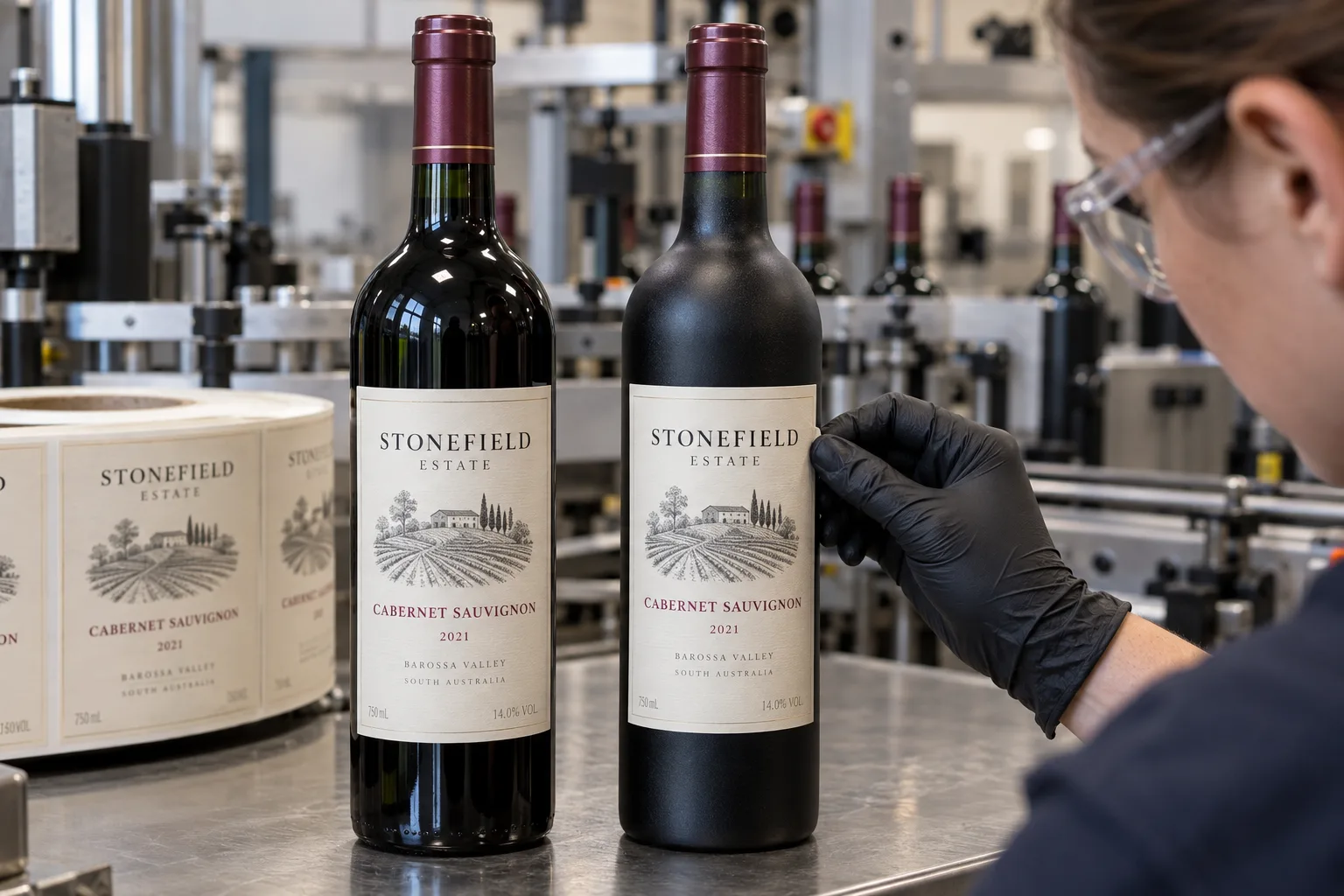 Stonefield Estate Cabernet labels compared on glossy and satin-coated wine glass bottles at a label proof station
