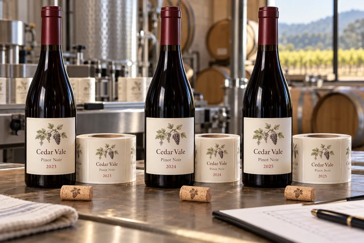 Fictional Cedar Vale Pinot Noir bottles and separate printed label rolls for 2023, 2024 and 2025 vintages on a winery inspection bench