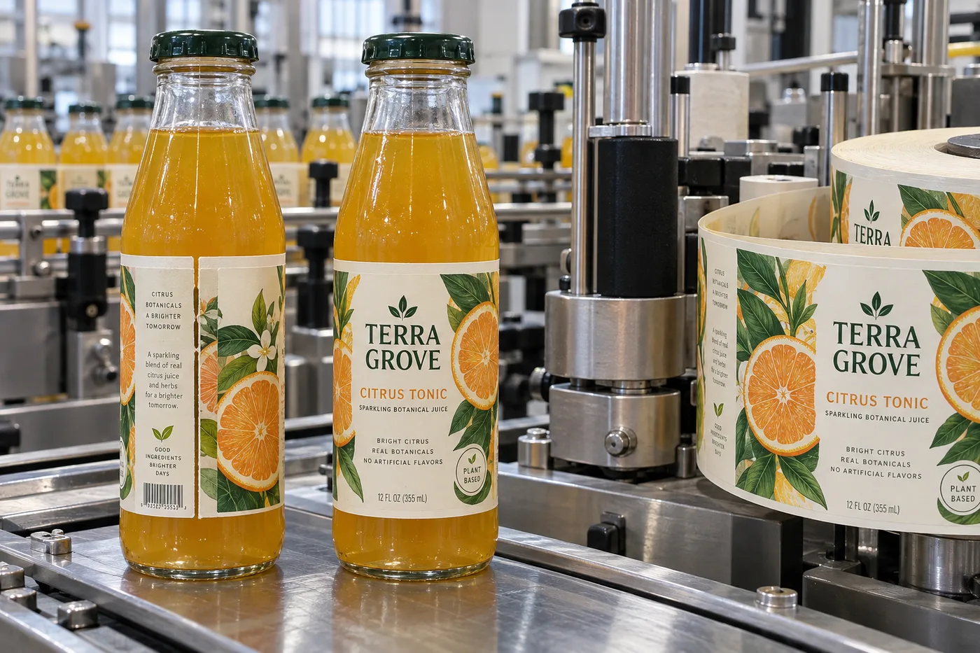 Terra Grove citrus tonic bottles with complete wraparound artwork and a printed label roll beside a bottle labeling station