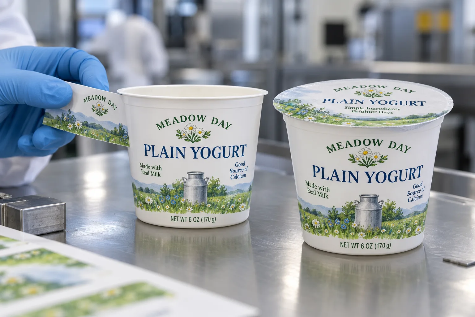 Meadow Day plain yogurt cups with complete illustrated sidewall labels and a foil lid at a factory packing bench