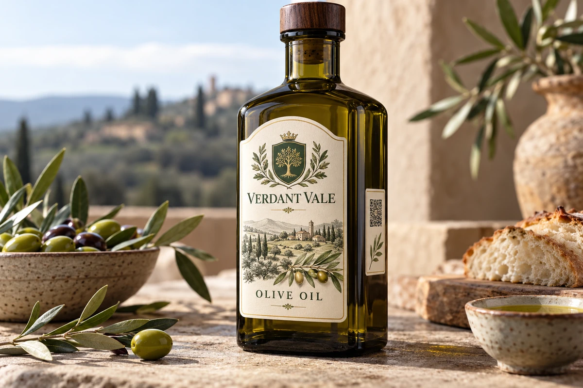 Fictional Verdant Vale olive oil bottle with an illustrative nonfunctional serialized-code graphic