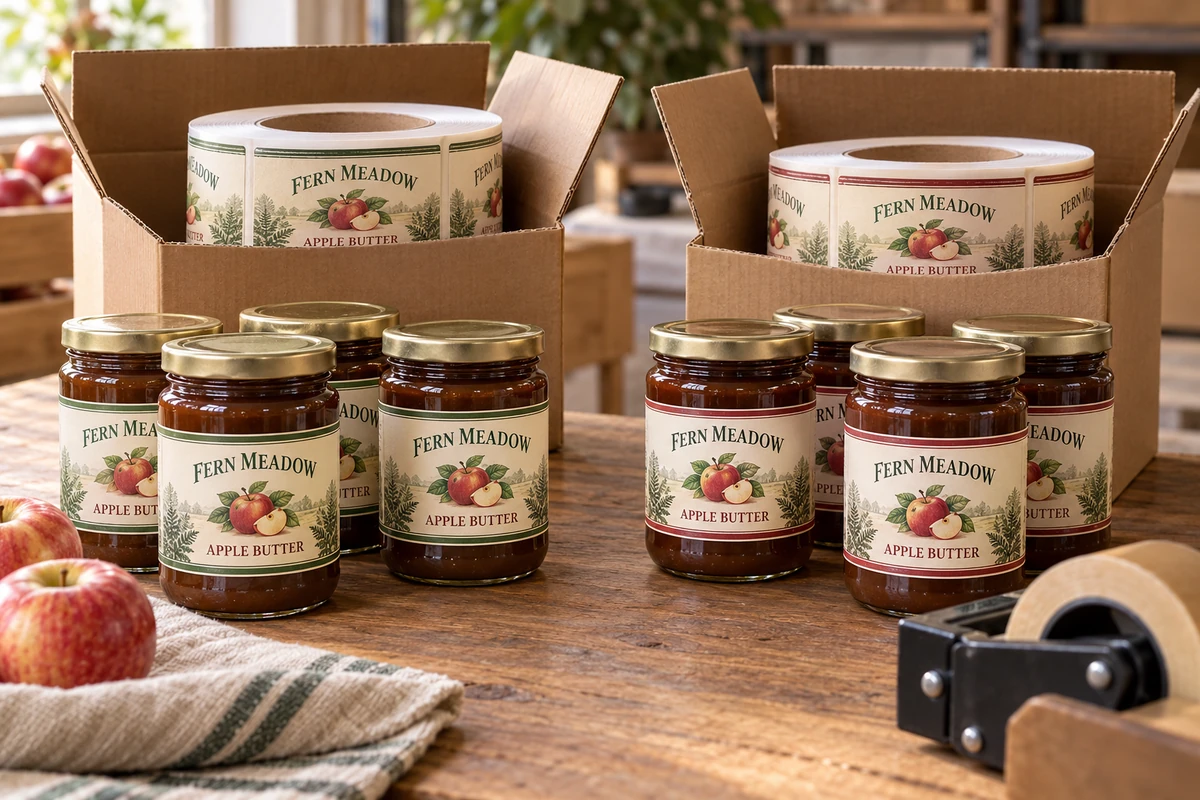Fictional Fern Meadow apple butter jars with separated label-roll allocations in cartons