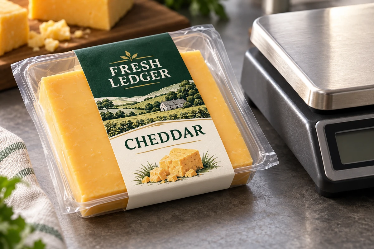 Fictional Fresh Ledger cheddar tray beside an illustrative weighing and label-output station