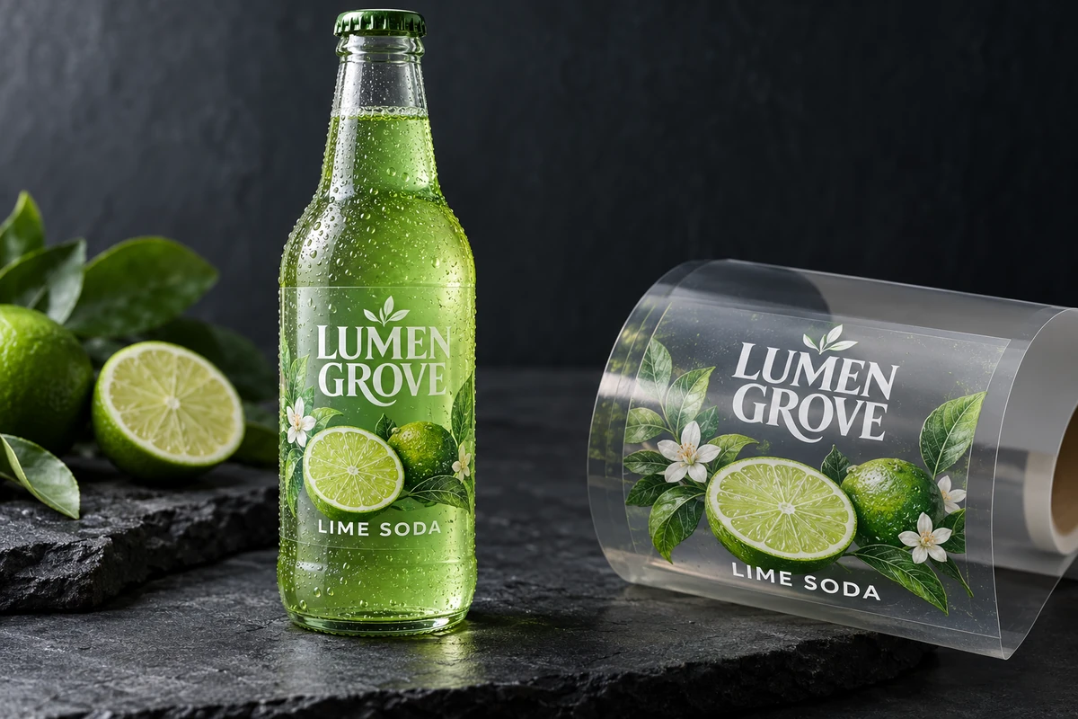 Fictional Lumen Grove lime soda bottles with clear-film labels and white graphics